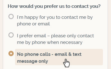 No phone calls option in our Get a Quote form