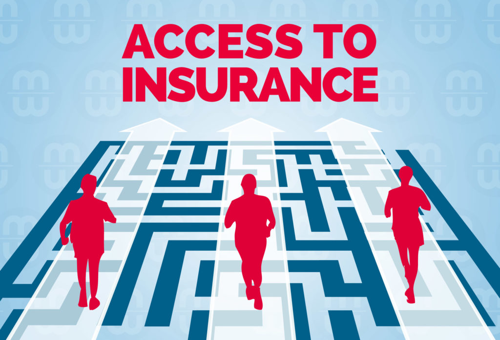 Access to insurance: people crossing a bridge over a maze