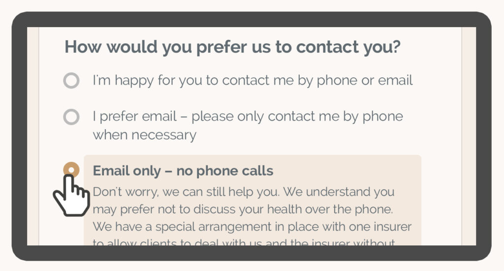 Screengrab of the new "Email only - no phone calls" option in our Get a Quote form